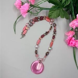 Handcrafted Pink Genuine Shell, Crystal and Stone Beaded Pendant Necklace
